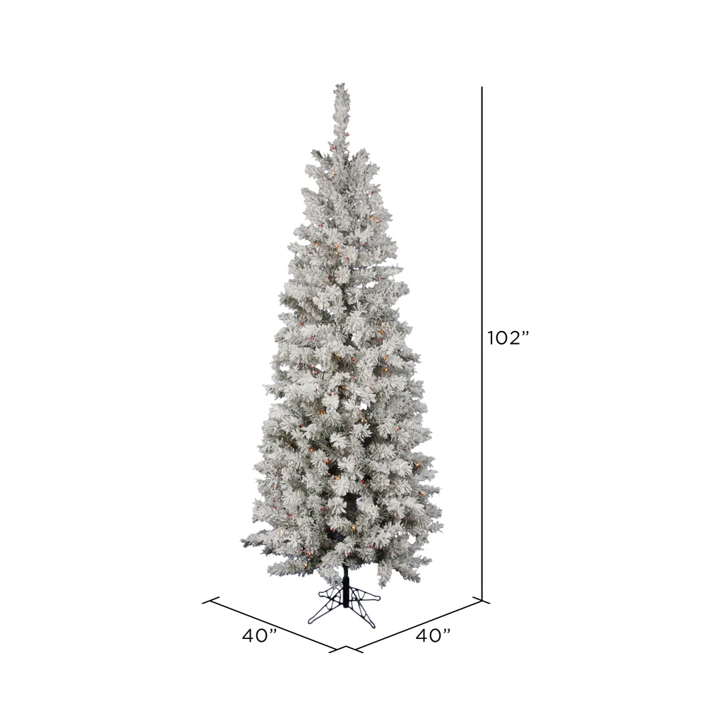 8'6"Hx40"W Flocked Pencil Pacific Pine Artificial Christmas Tree, LED Pre-Lit (Multicolor) -White - Image 3