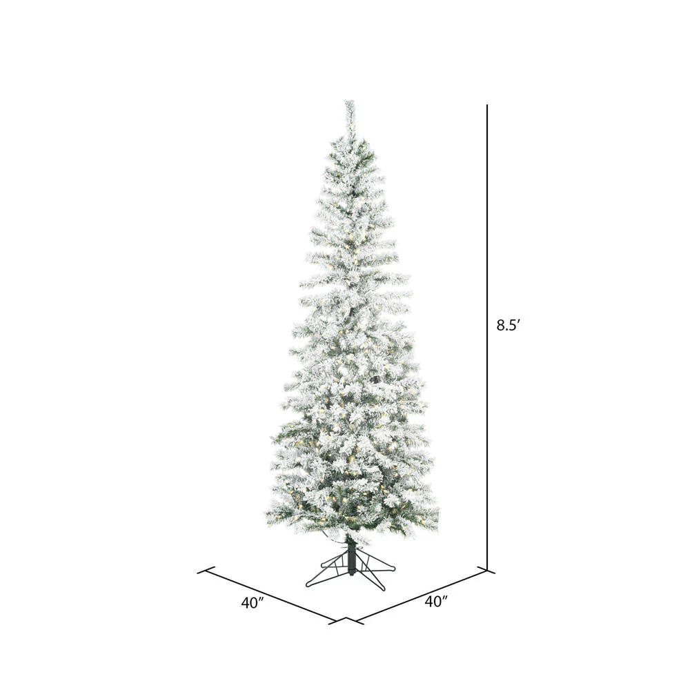 8'6"Hx40"W Flocked Pencil Pacific Pine Artificial Christmas Tree, LED Pre-Lit -White - Image 3
