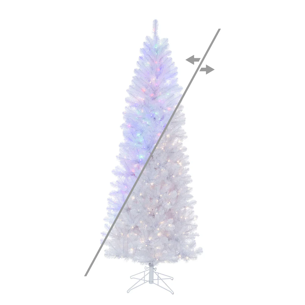 8'6"Hx40"W Pencil White Salem Pine Artificial Christmas Tree, Micro LED Pre-Lit (Multi-Mode) -White