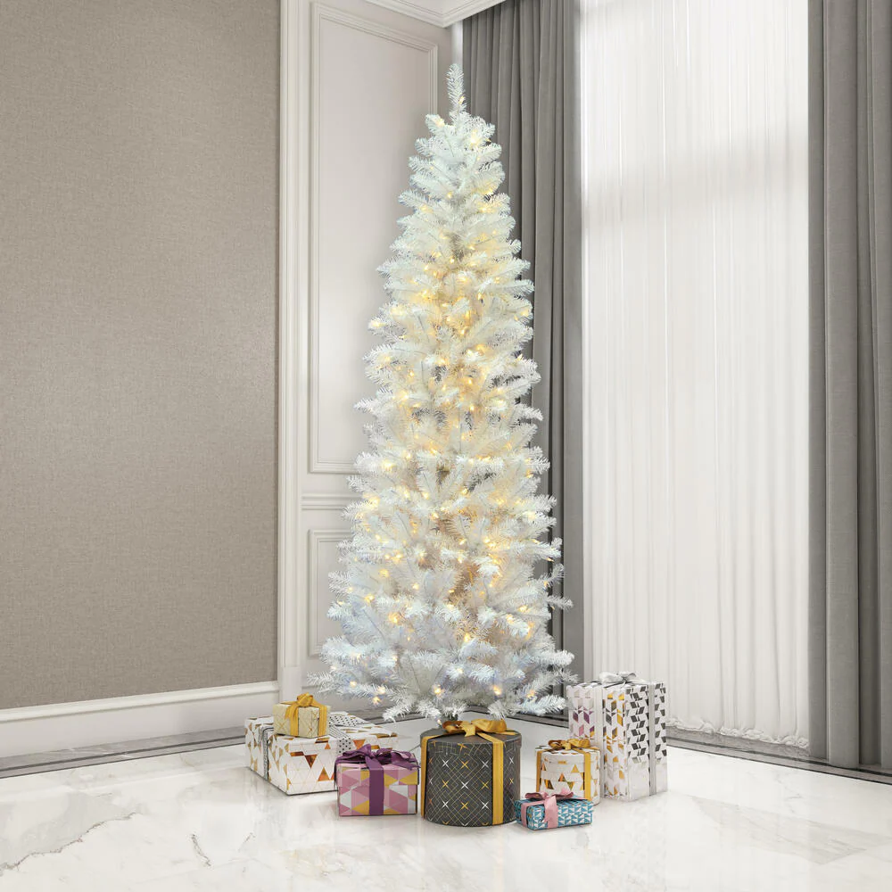 8'6"Hx40"W Pencil White Salem Pine Artificial Christmas Tree, Micro LED Pre-Lit (Multi-Mode) -White - Image 8