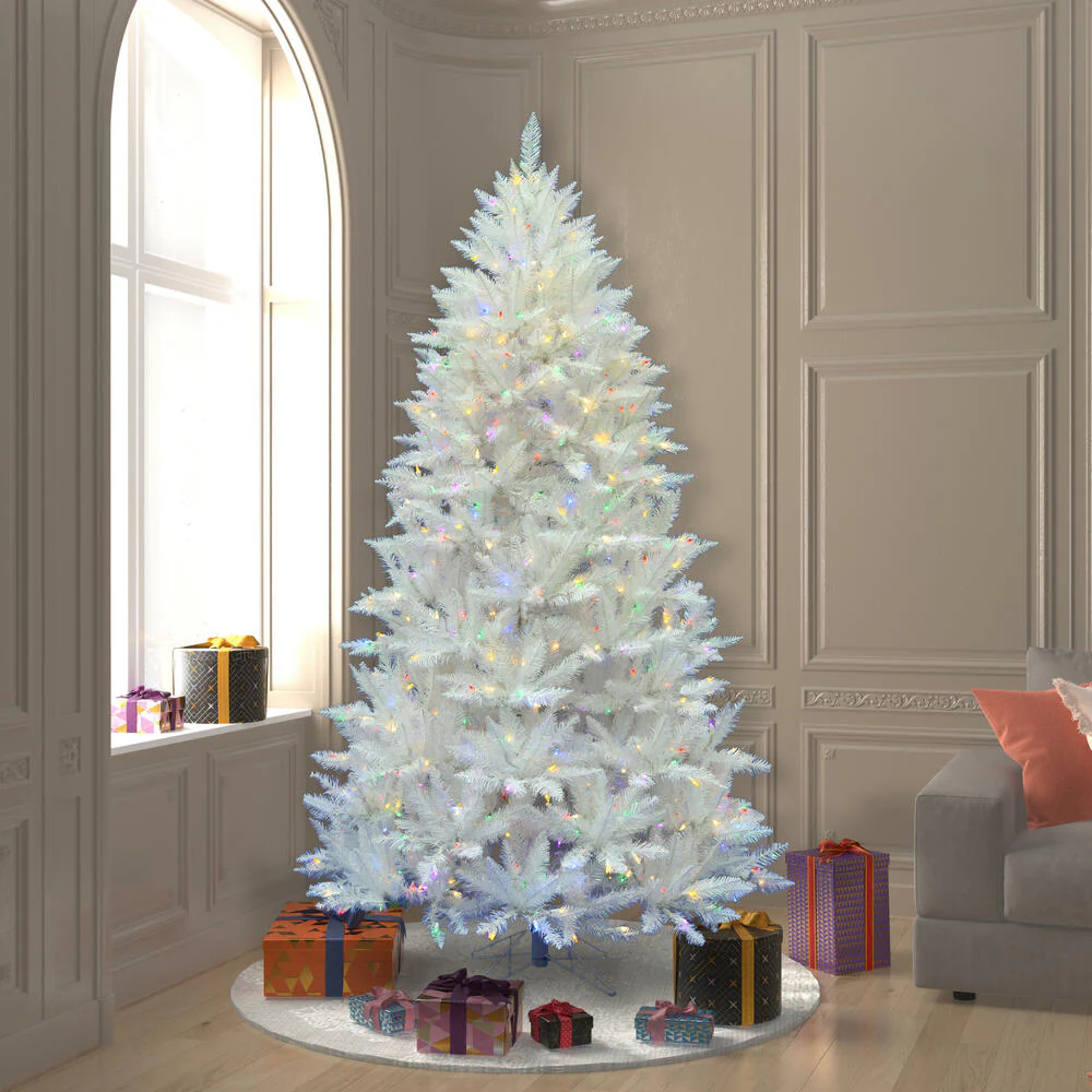 8'6"Hx58"W Sparkle White Spruce Artificial Christmas Tree, LED Pre-Lit (Multicolor) -White - Image 5