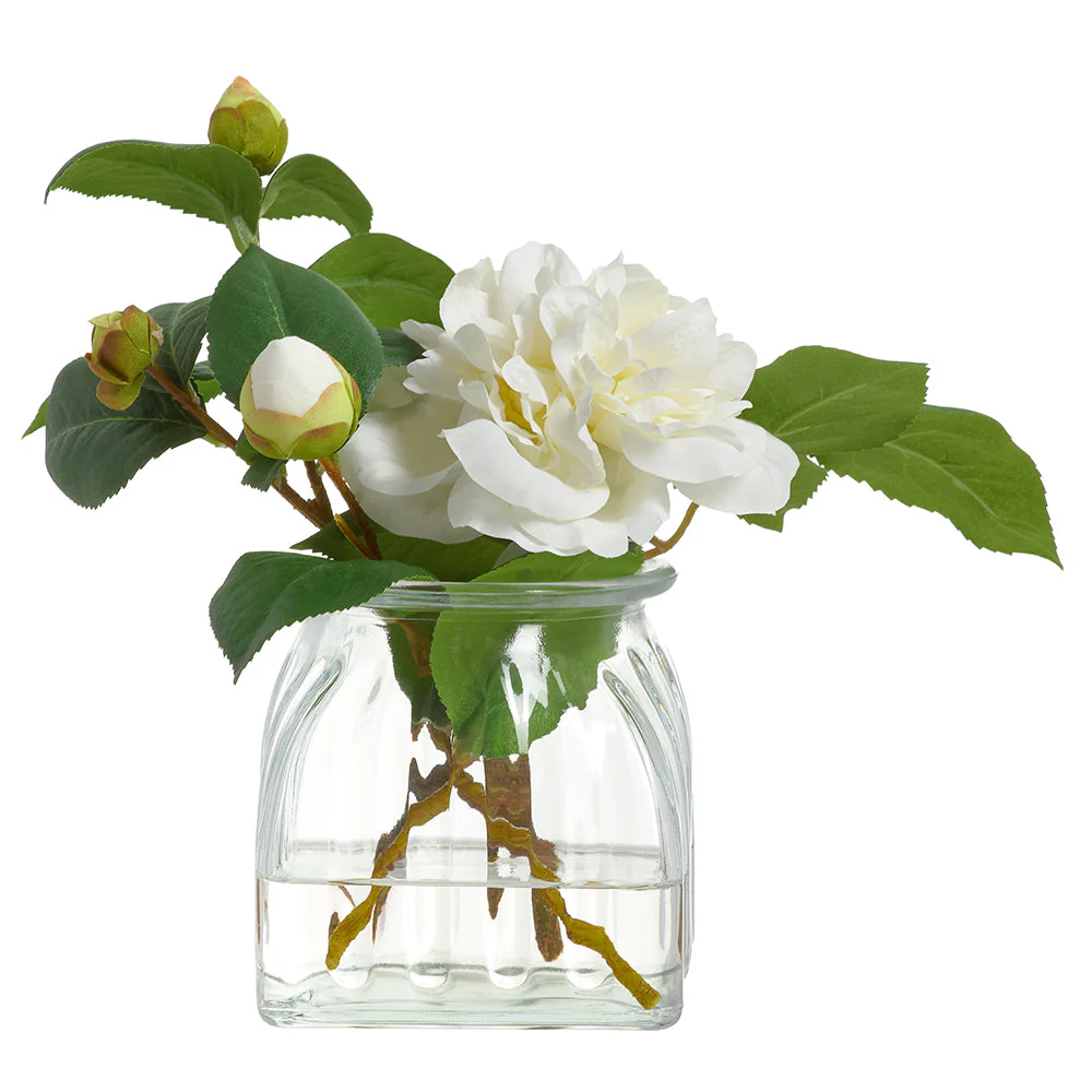 8"Hx10"W Camelia Silk Flower Arrangement w/Glass Vase -White