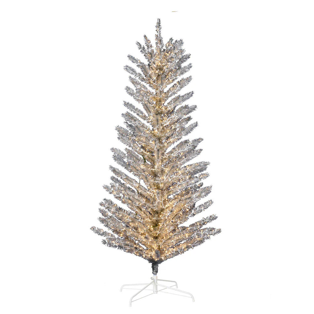 8'Hx51"W Vintage Aluminum Pine Artificial Christmas Tree, Micro LED Pre-Lit -Silver