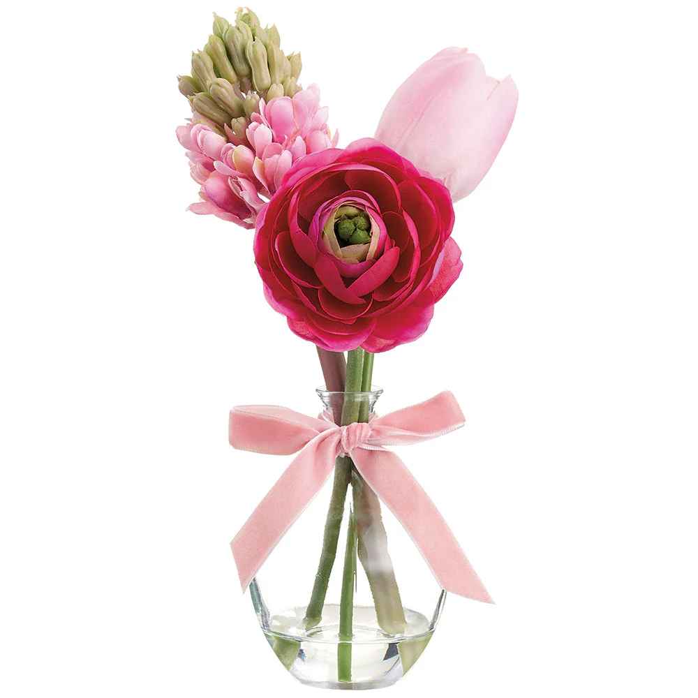 9.5" Ranunculus & Tulip Silk Flower Arrangement w/Glass Vase -Pink/Beauty (Pack of 6)