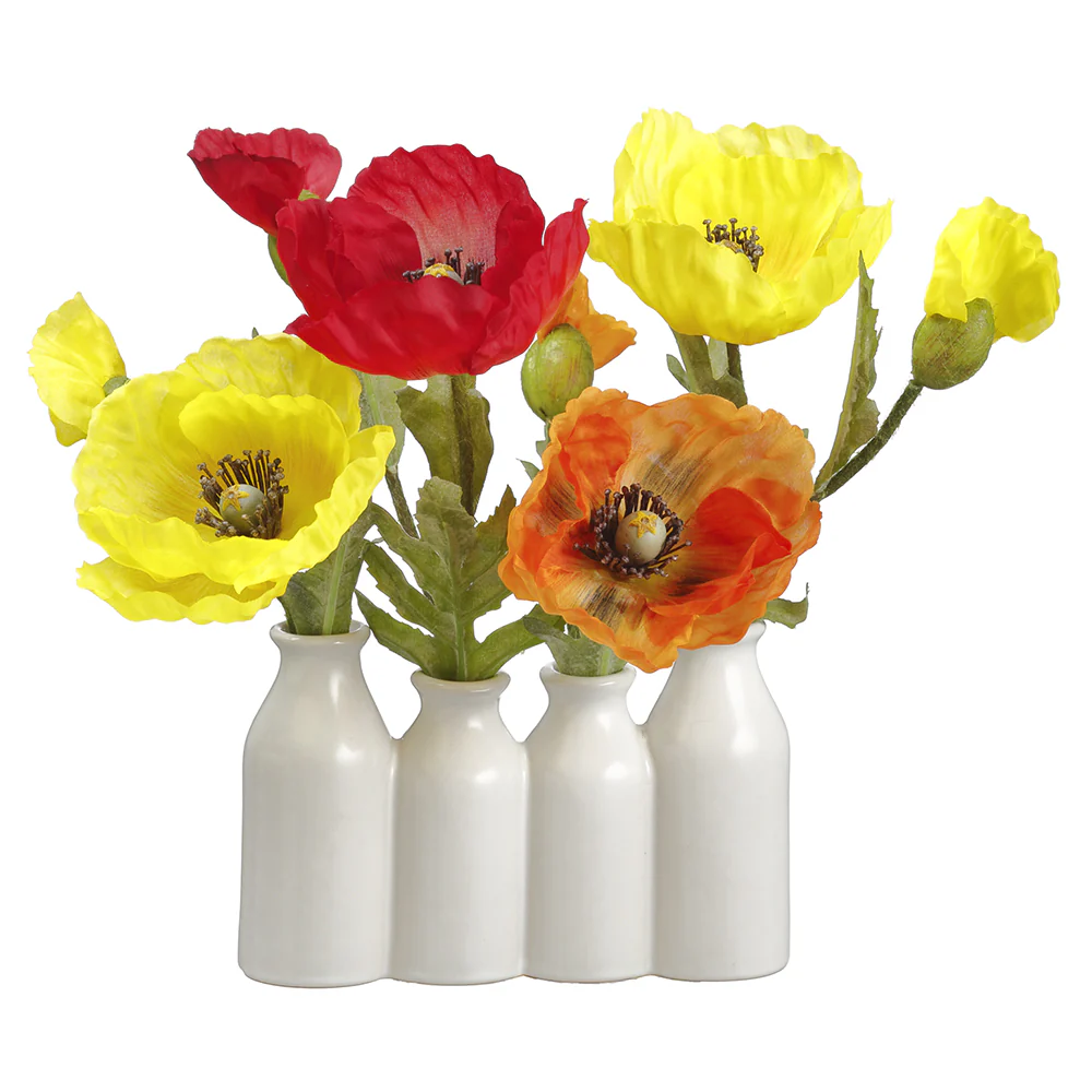 9.5" Silk Poppy Flower Arrangement w/Ceramic Bottle Vase -Mixed Colors (Pack of 6)