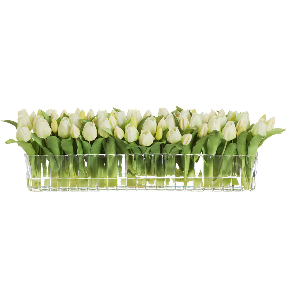 9.5"Hx27"W Tulip Silk Flower Arrangement w/Glass Vase -Cream/Green