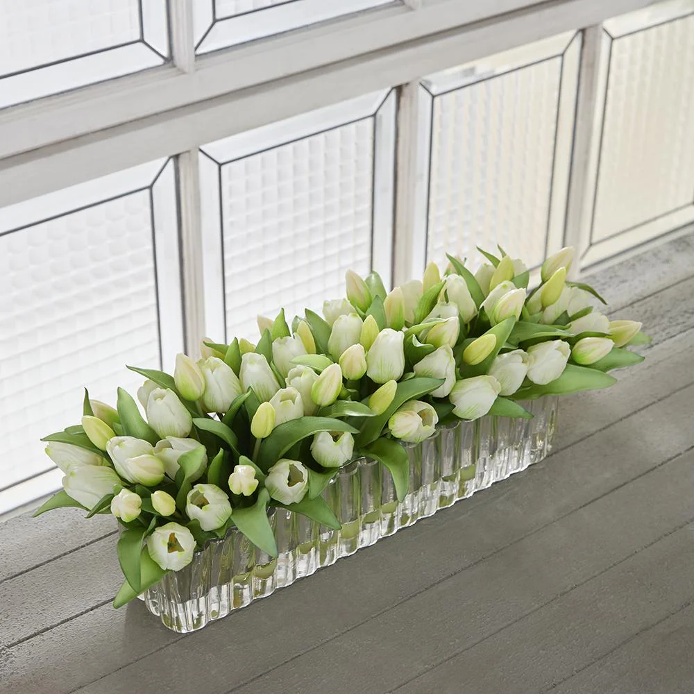 9.5"Hx27"W Tulip Silk Flower Arrangement w/Glass Vase -Cream/Green - Image 2