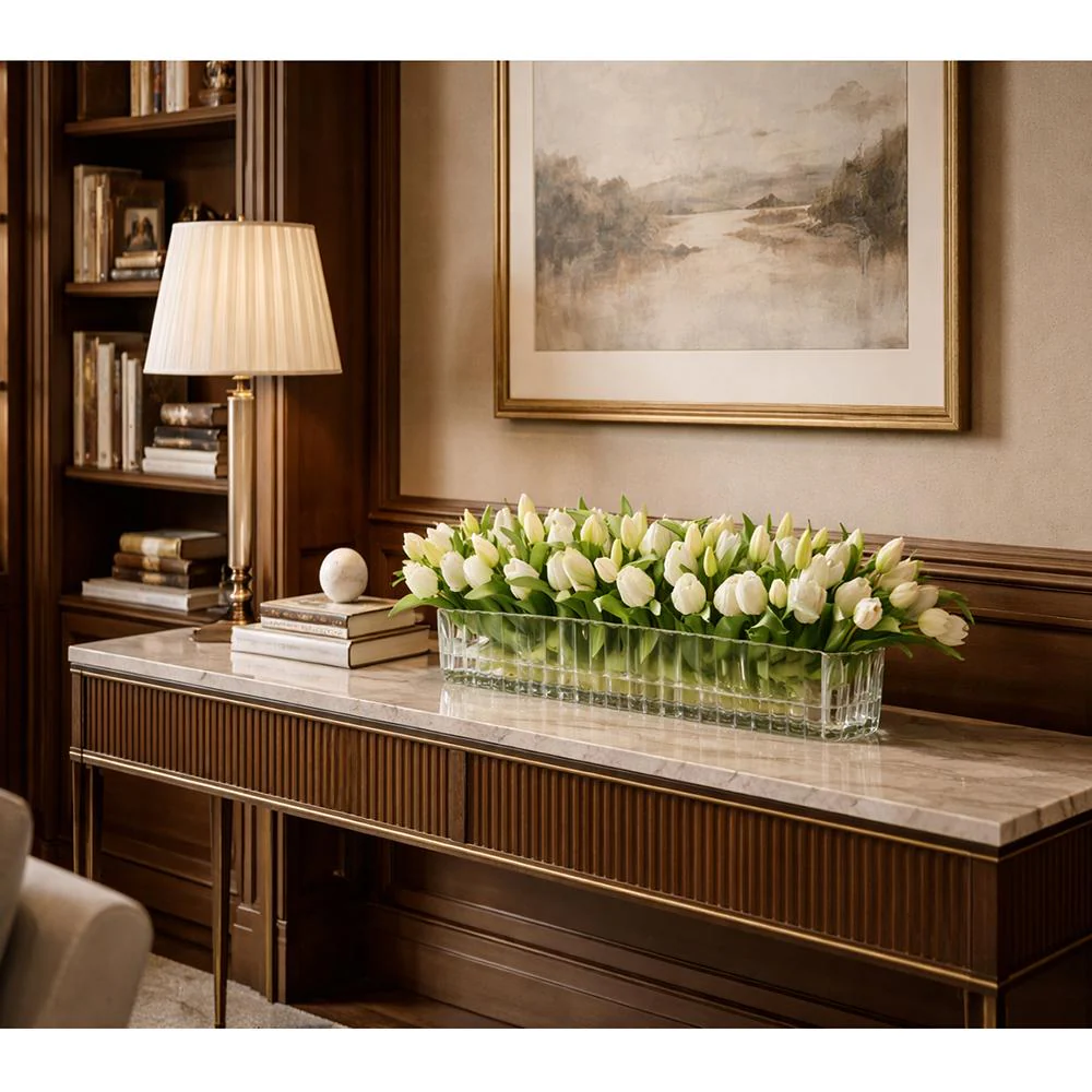 9.5"Hx27"W Tulip Silk Flower Arrangement w/Glass Vase -Cream/Green - Image 3