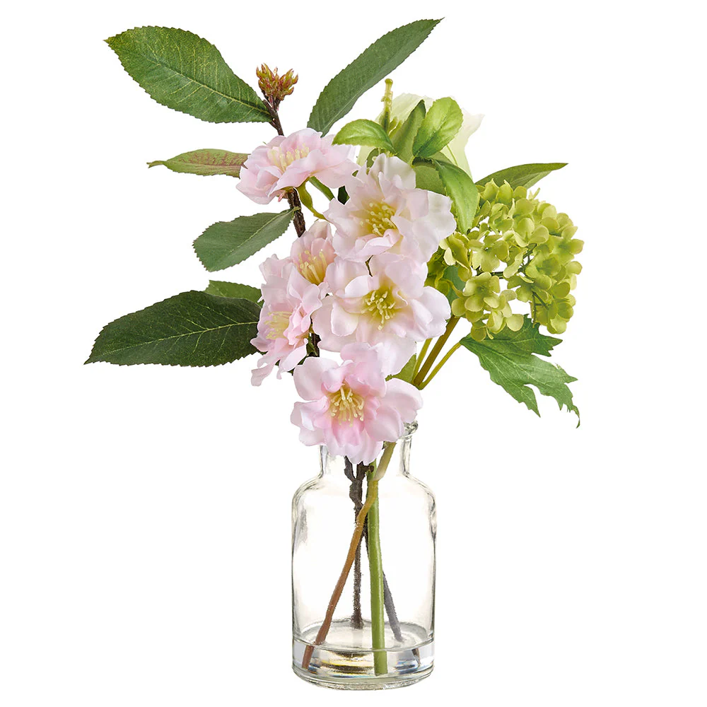 9" Cherry Blossom & Snowball Silk Flower Arrangement w/Glass Vase -Pink/Green (Pack of 12)