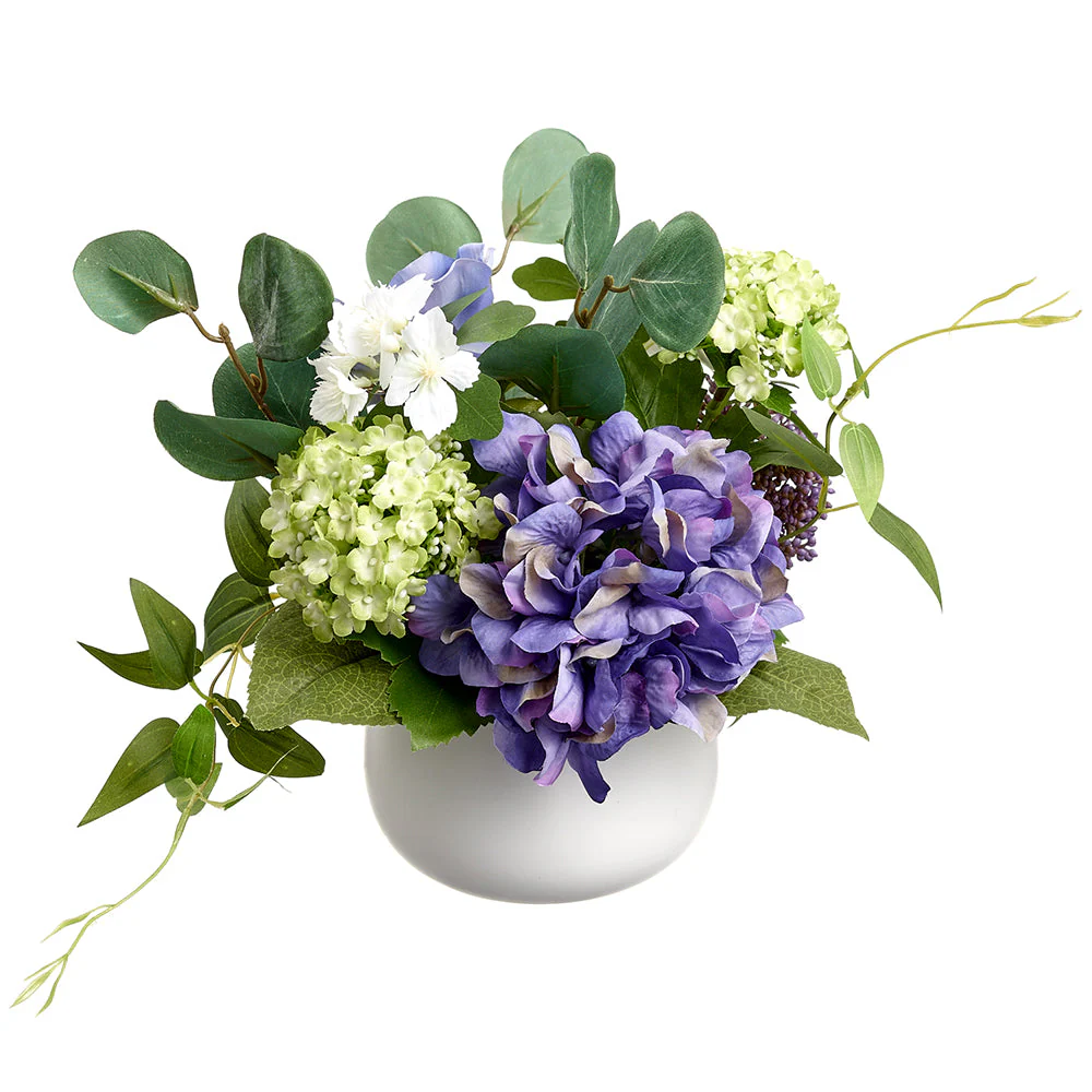 9" Hydrangea, Anemone & Snowball Silk Flower Arrangement w/Ceramic Vase -Purple/Green (Pack of 4)