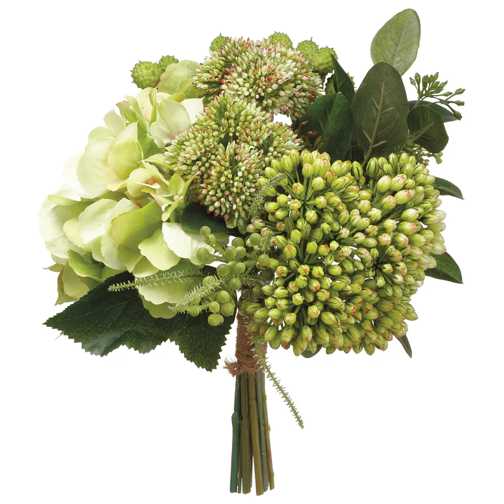 9" Hydrangea & Sedum Silk Flower Bouquet -2 Tone Green (Pack of 6)