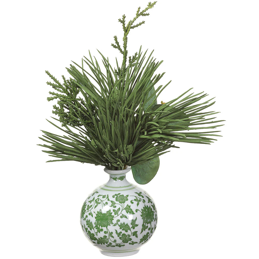 9" Pine & Eucalyptus Leaf Artificial Arrangement w/Ceramic Vase -Green (Pack of 6)