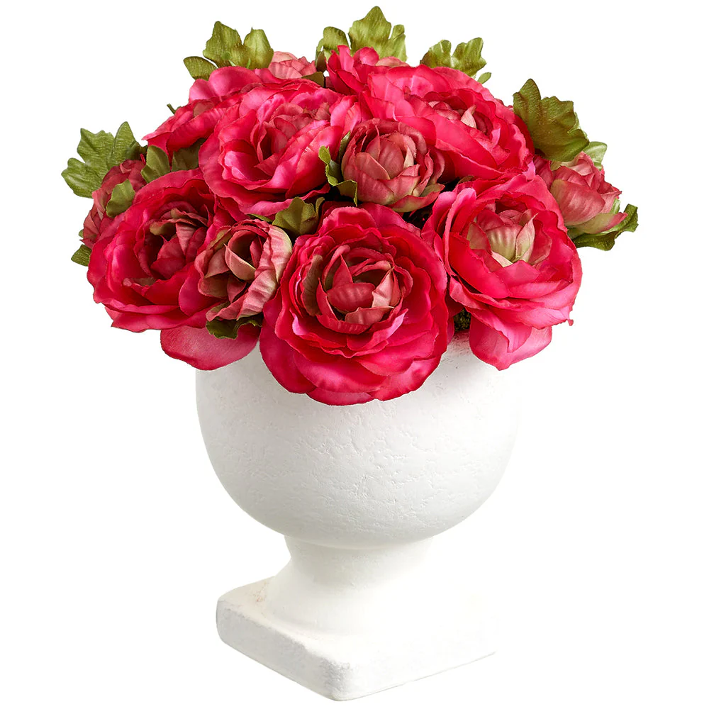 9" Ranunculus Silk Flower Arrangement w/Papier Mache Urn -Fuchsia (Pack of 6)