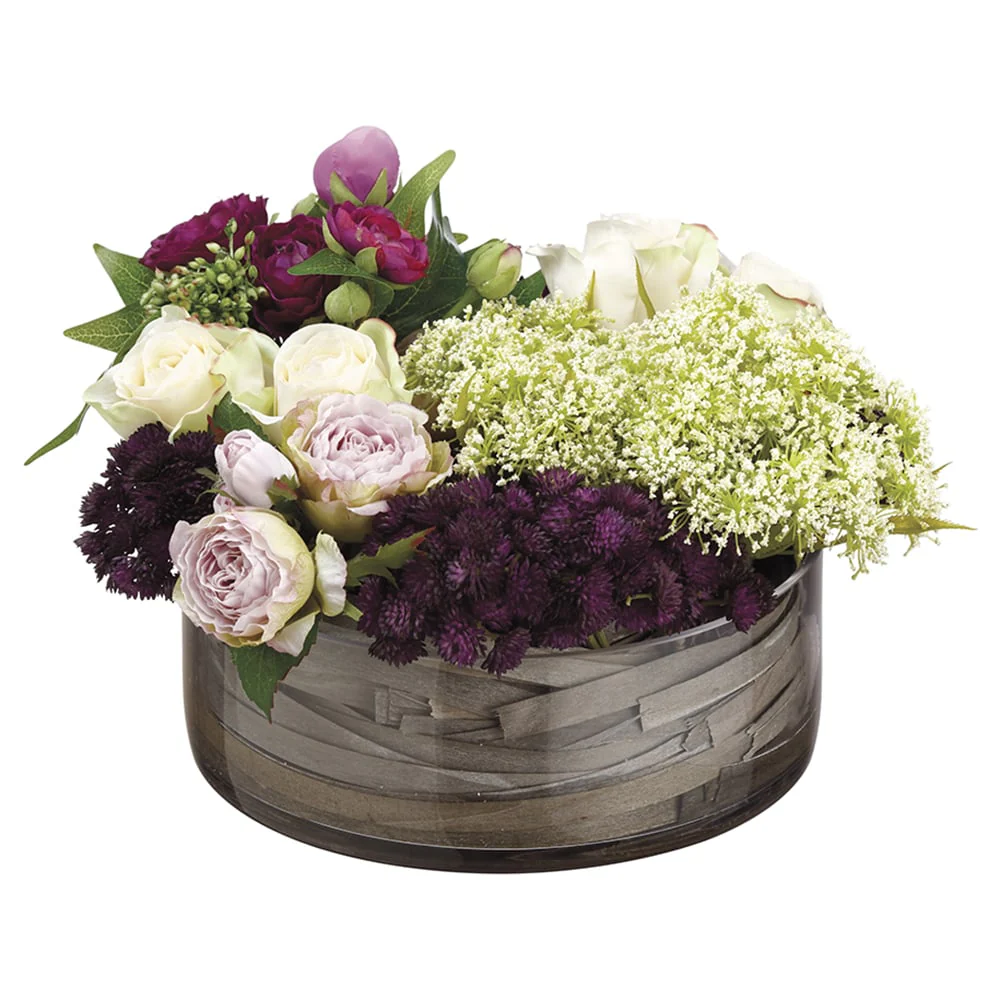 9" Rose, Sedum & Queen Anne's Lace Silk Flower Arrangement -Purple/Mauve