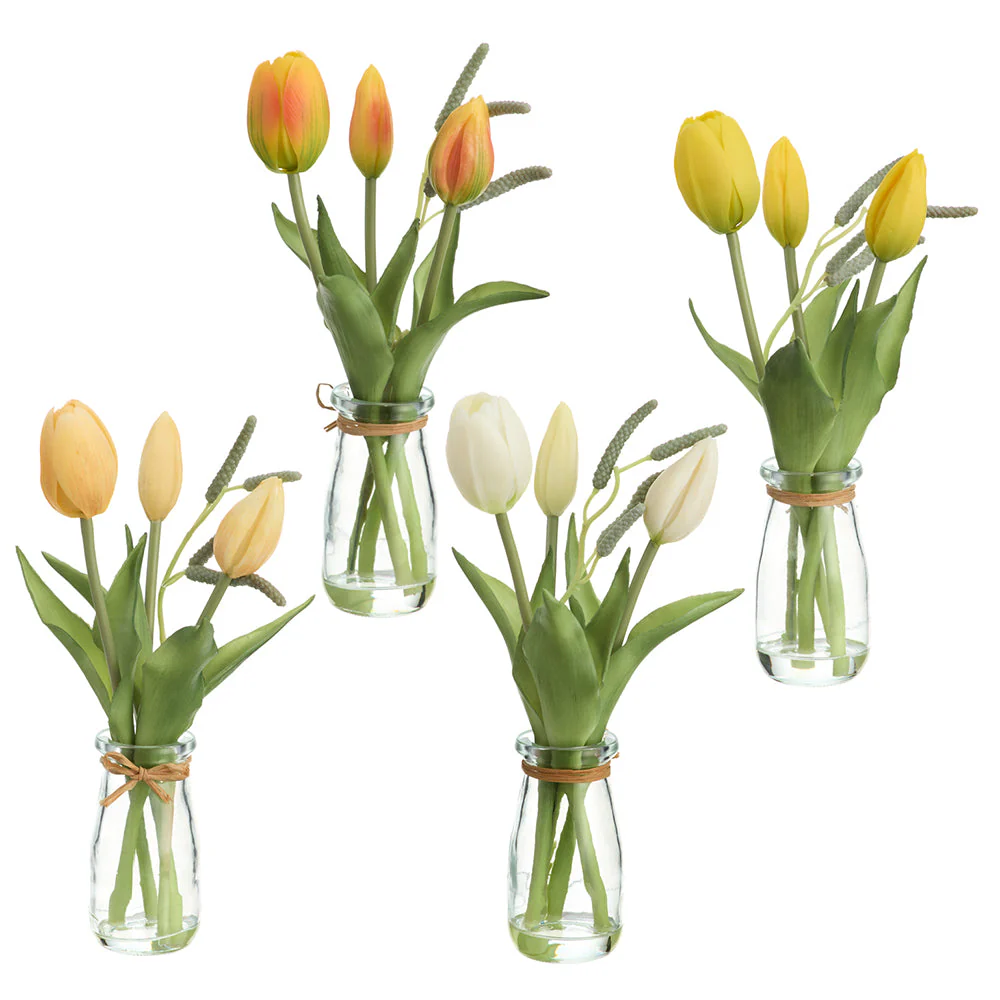 9" Set Of Tulips Silk Flower Arrangements w/Glass Vase -Cream/Yellow