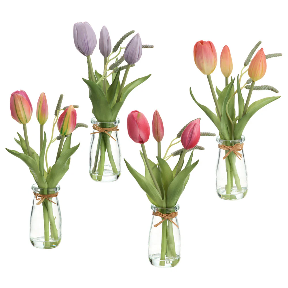 9" Set Of Tulips Silk Flower Arrangements w/Glass Vase -Pink/Lavender