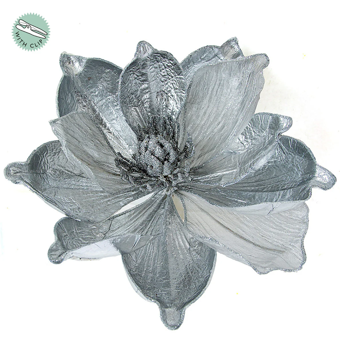 9" Silk Magnolia Clip-On Artificial Flower -Silver (Pack of 12)