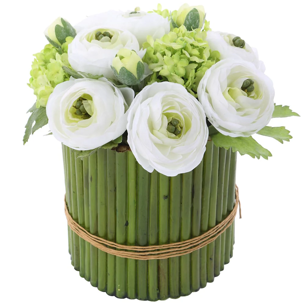 9" Silk Ranunculus & Snowball Flower Arrangement w/Tube Planter -White/Green (Pack of 3)