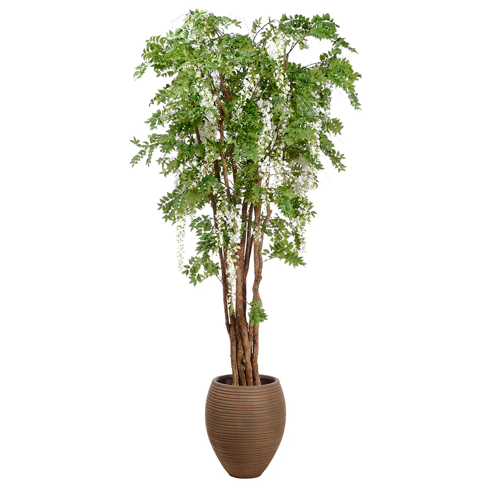 9' Silk Wisteria Flower Tree w/Clay Planter -White