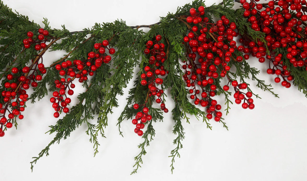 9' Soft-Touch Artificial Cypress & Berry Swag Garland -Red/Green - Image 2