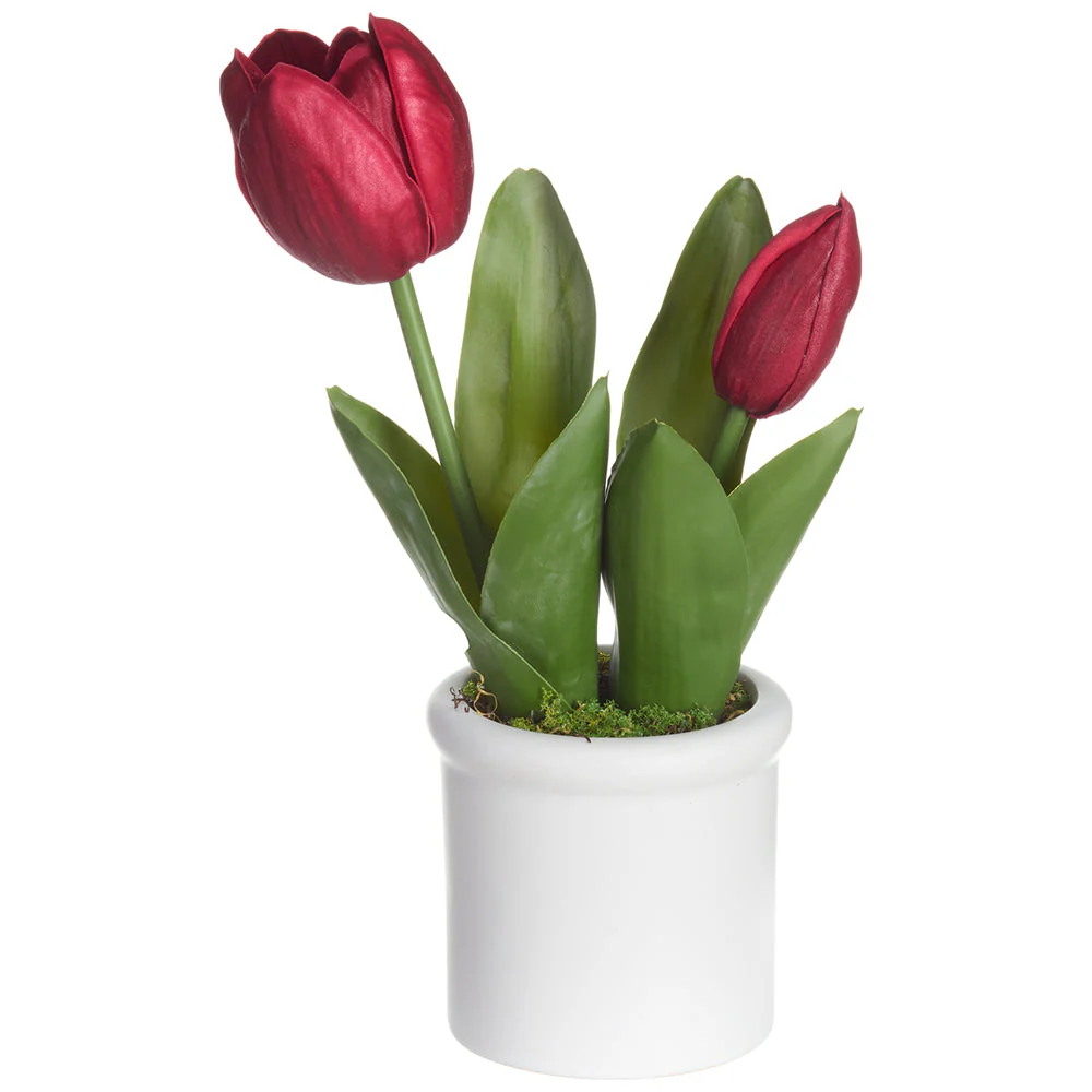 9" Tulip Silk Flower Arrangement w/Terra Cotta Vase -Burgundy (Pack of 12)