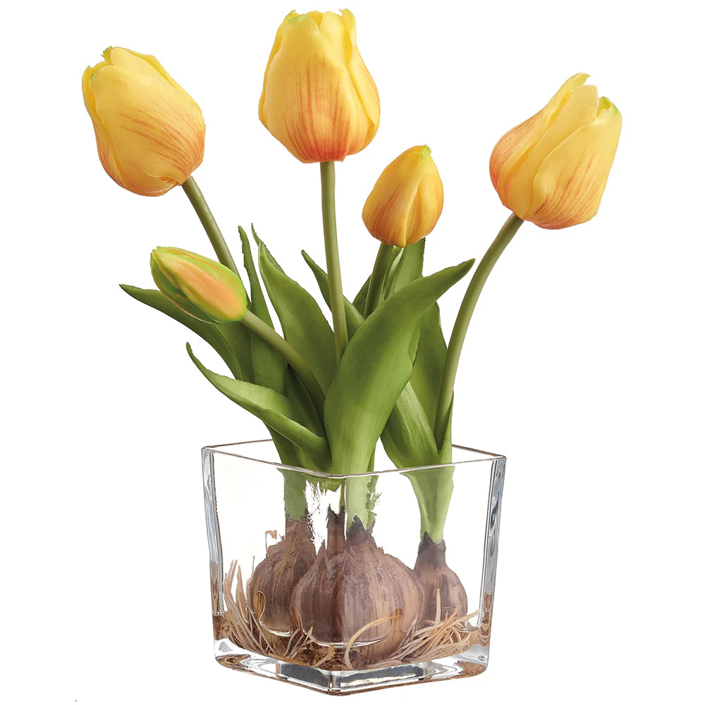 9" Tulip With Bulb Silk Flower Arrangement w/Glass Vase -Yellow (Pack of 6)