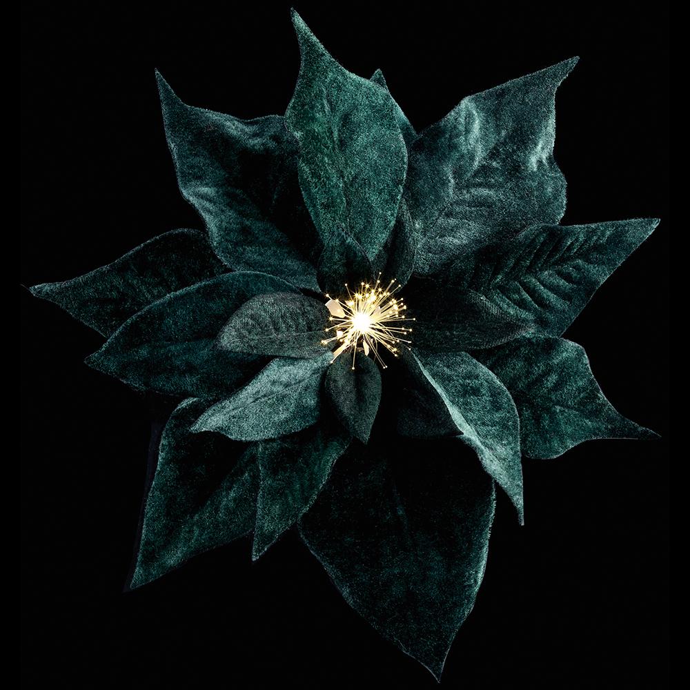 9" Velvet Poinsettia Battery Operated Fiber Optic Light Artificial Clip-On Flower -Green (Pack of 12) - Image 2