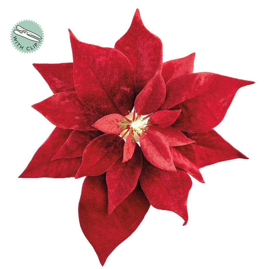 9" Velvet Poinsettia Battery Operated Fiber Optic Light Artificial Clip-On Flower -Red (Pack of 12)