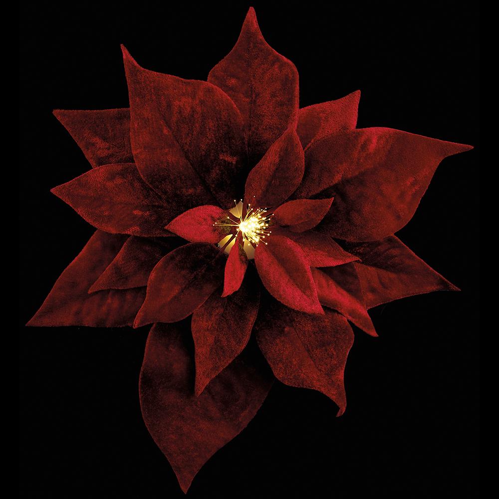 9" Velvet Poinsettia Battery Operated Fiber Optic Light Artificial Clip-On Flower -Red (Pack of 12) - Image 2