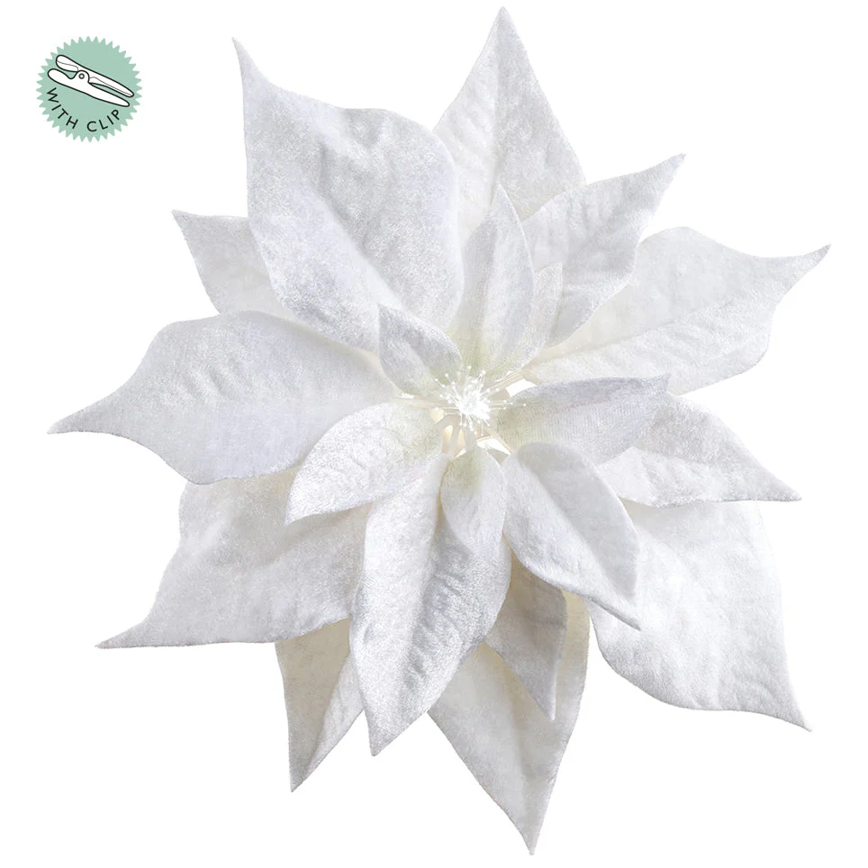 9" Velvet Poinsettia Battery Operated Fiber Optic Light Artificial Clip-On Flower -White (Pack of 12)