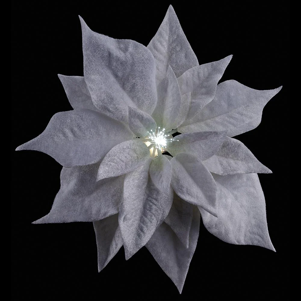 9" Velvet Poinsettia Battery Operated Fiber Optic Light Artificial Clip-On Flower -White (Pack of 12) - Image 2