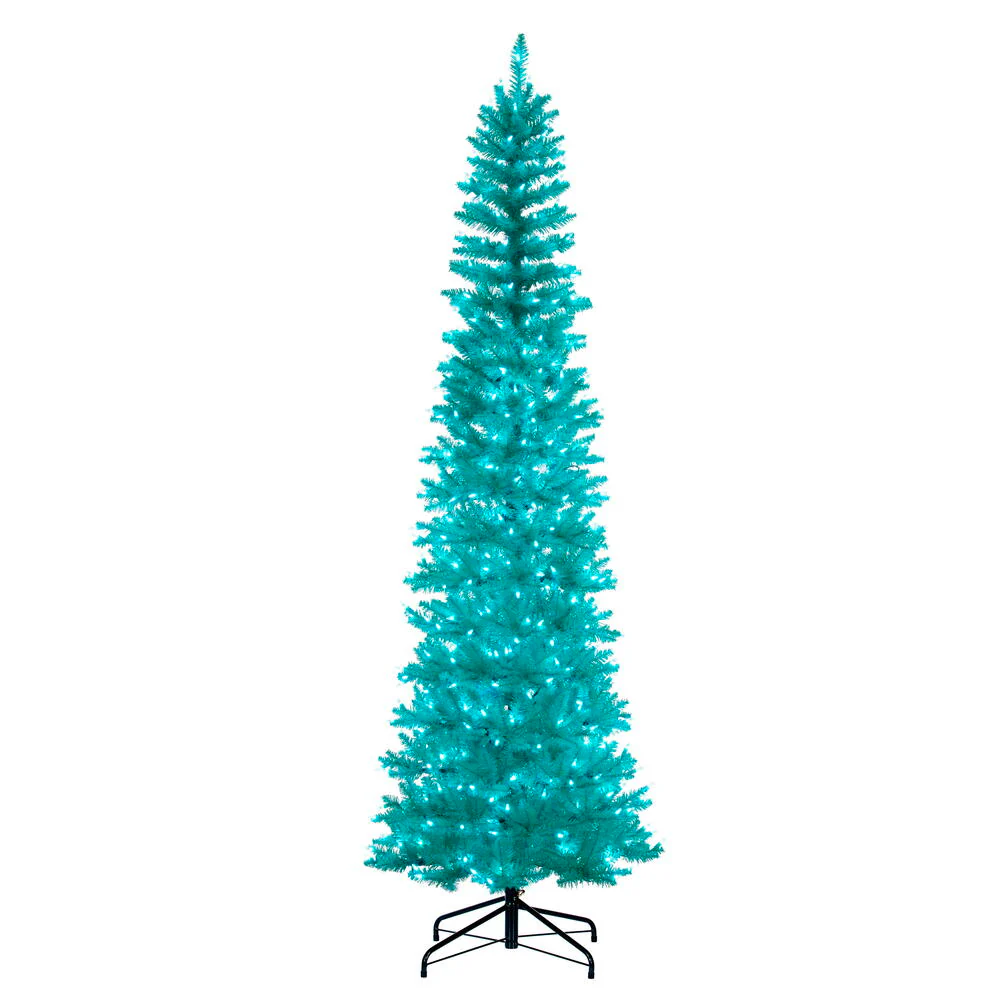 9'6"Hx42"W Pencil Artificial Christmas Tree, LED Pre-Lit (Aqua) -Aqua