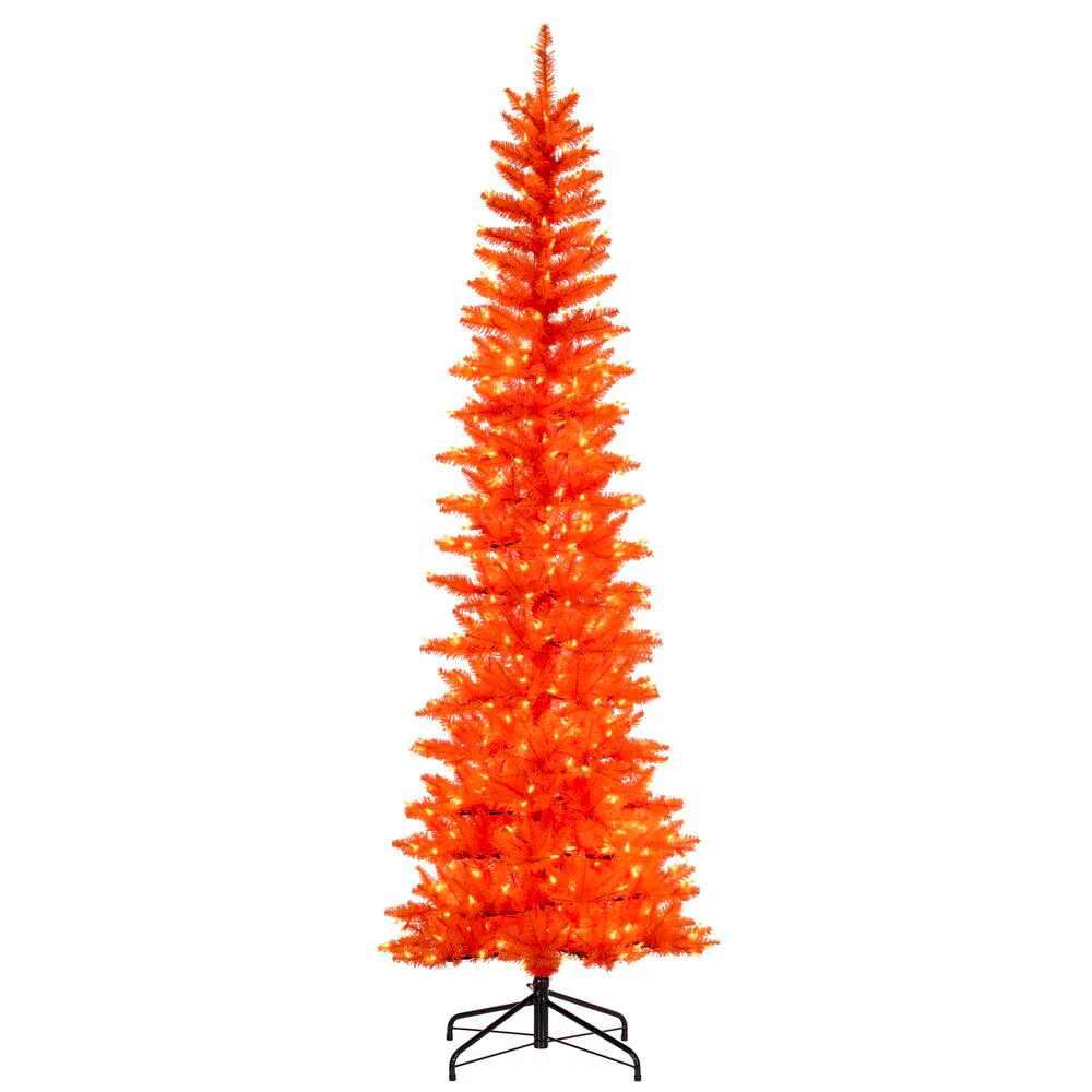 9'6"Hx42"W Pencil Artificial Christmas Tree, LED Pre-Lit (Orange) -Orange