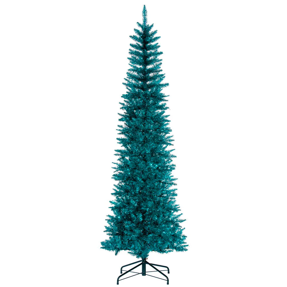 9'6"Hx42"W Tinsel Pencil Artificial Christmas Tree, Unlit -Aqua