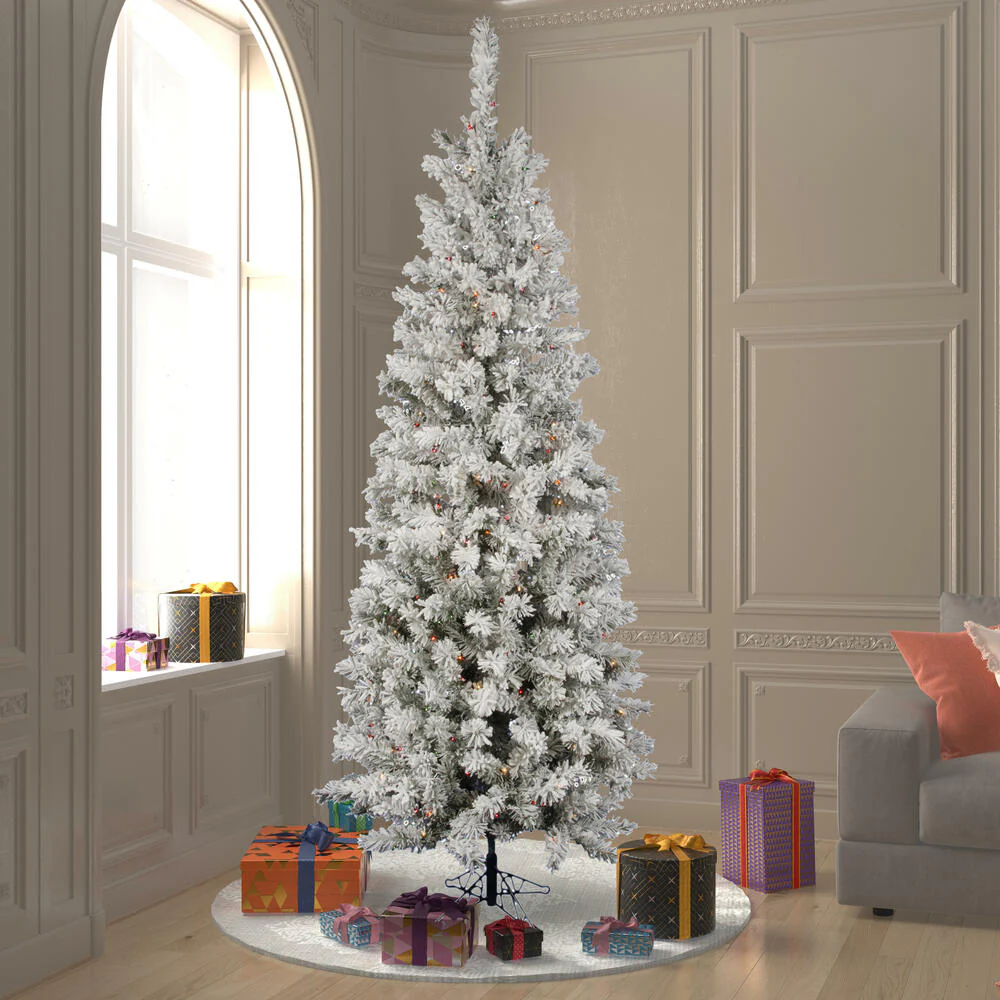 9'6"Hx44"W Flocked Pencil Pacific Pine Artificial Christmas Tree, LED Pre-Lit (Multicolor) -White - Image 5