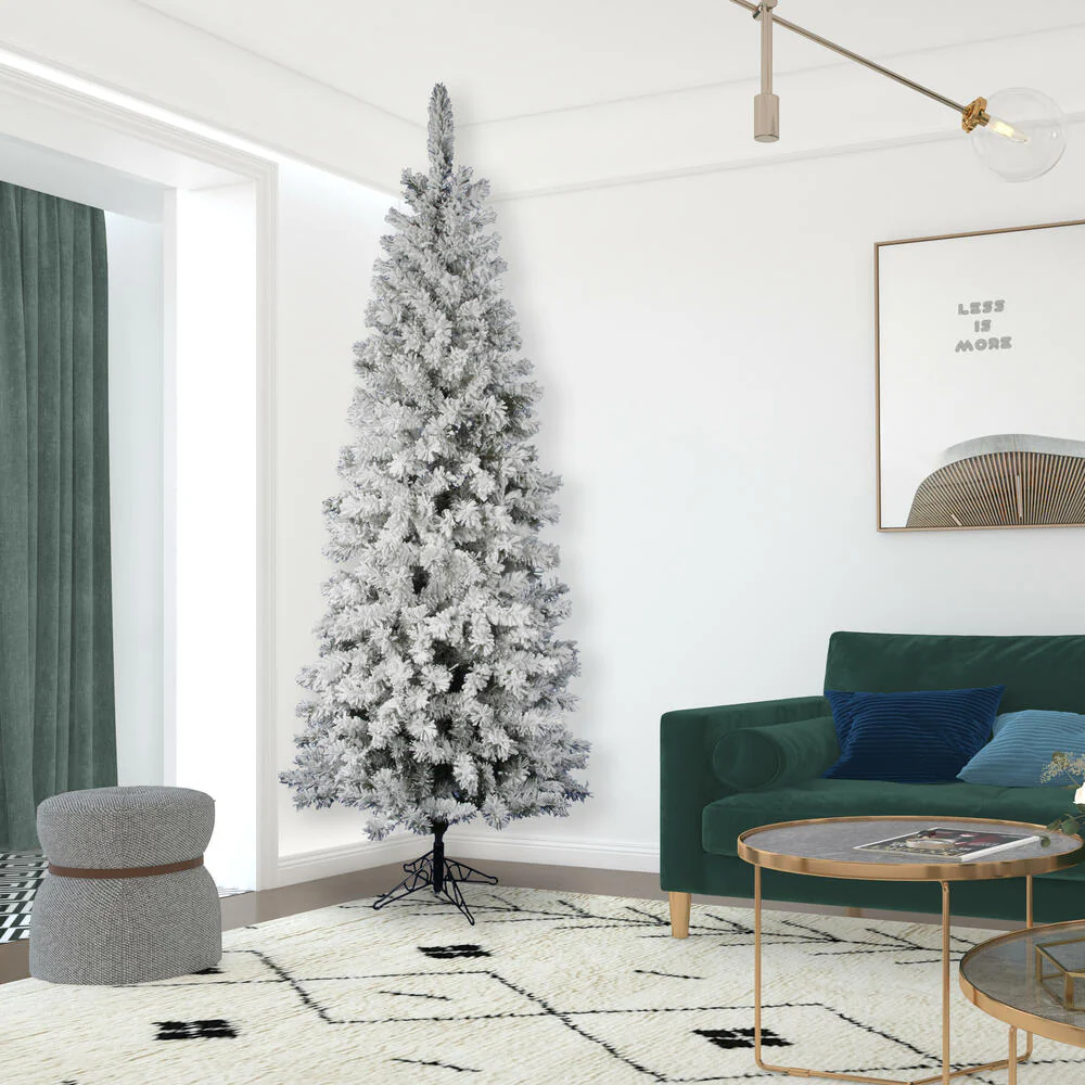 9'6"Hx44"W Flocked Pencil Pacific Pine Artificial Christmas Tree, Unlit -White - Image 6