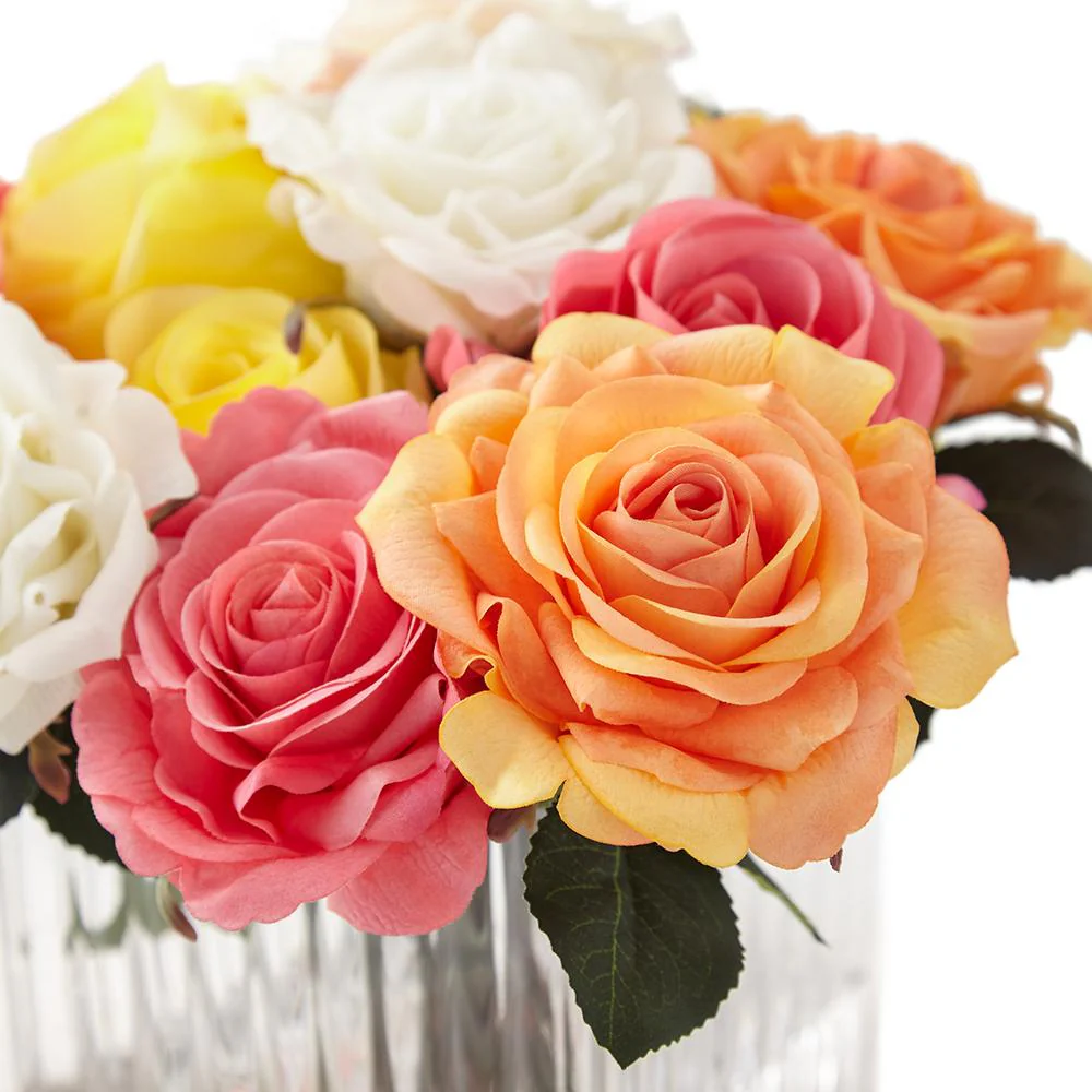 9"Hx10"W Mixed Real Touch Rose Silk Flower Arrangement w/Glass Vase -Mixed Colors - Image 3