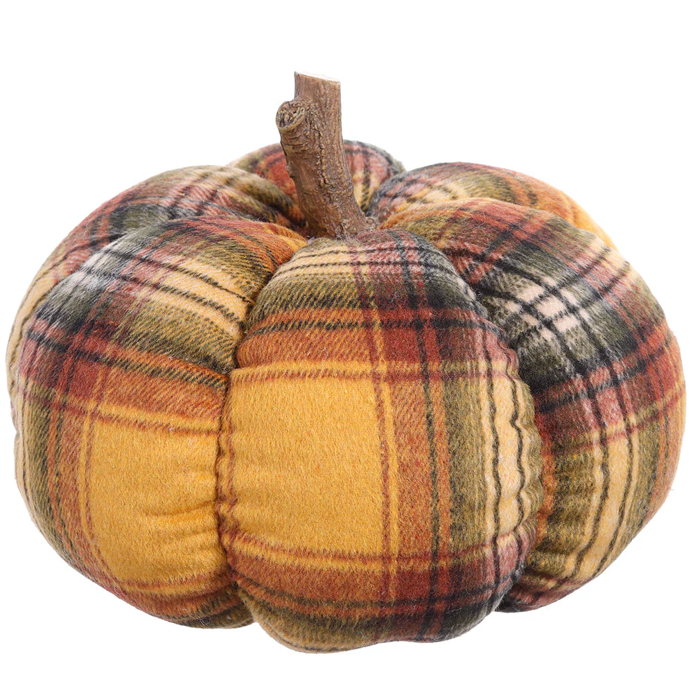 9"Hx10"W Plaid Artificial Pumpkin -Brown/Mustard (Pack of 12)