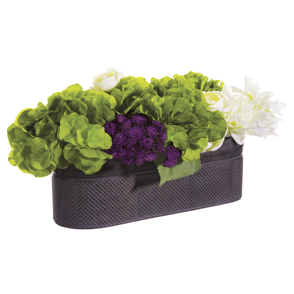 9"Hx19"W Ranunculus, Hydrangea & Dahlia Silk Flower Arrangement w/Oval Tin Planter -Green/Eggplant