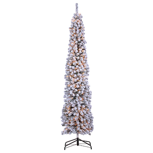 9'Hx25"W Flocked Tower Artificial Christmas Tree, Pre-Lit -Snow