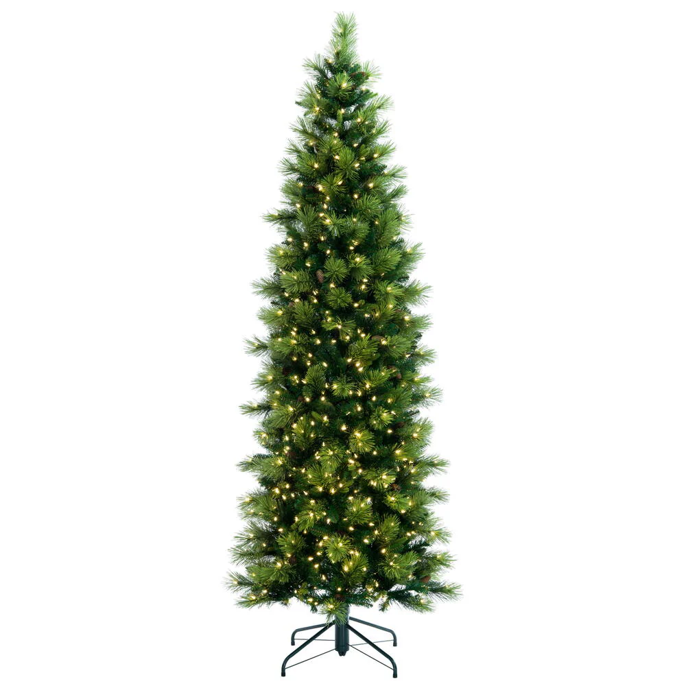 9'Hx36"W PE Slim Emerald Mixed Fir & Pinecone Artificial Christmas Tree, LED Pre-Lit -Green/Brown