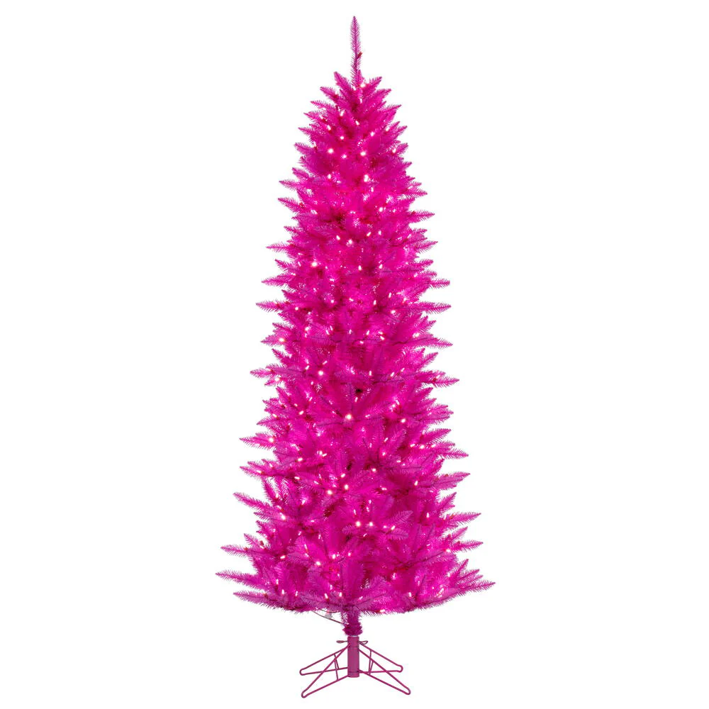 9'Hx46"W Fir Artificial Christmas Tree, LED Pre-Lit (Pink) -Hot Pink