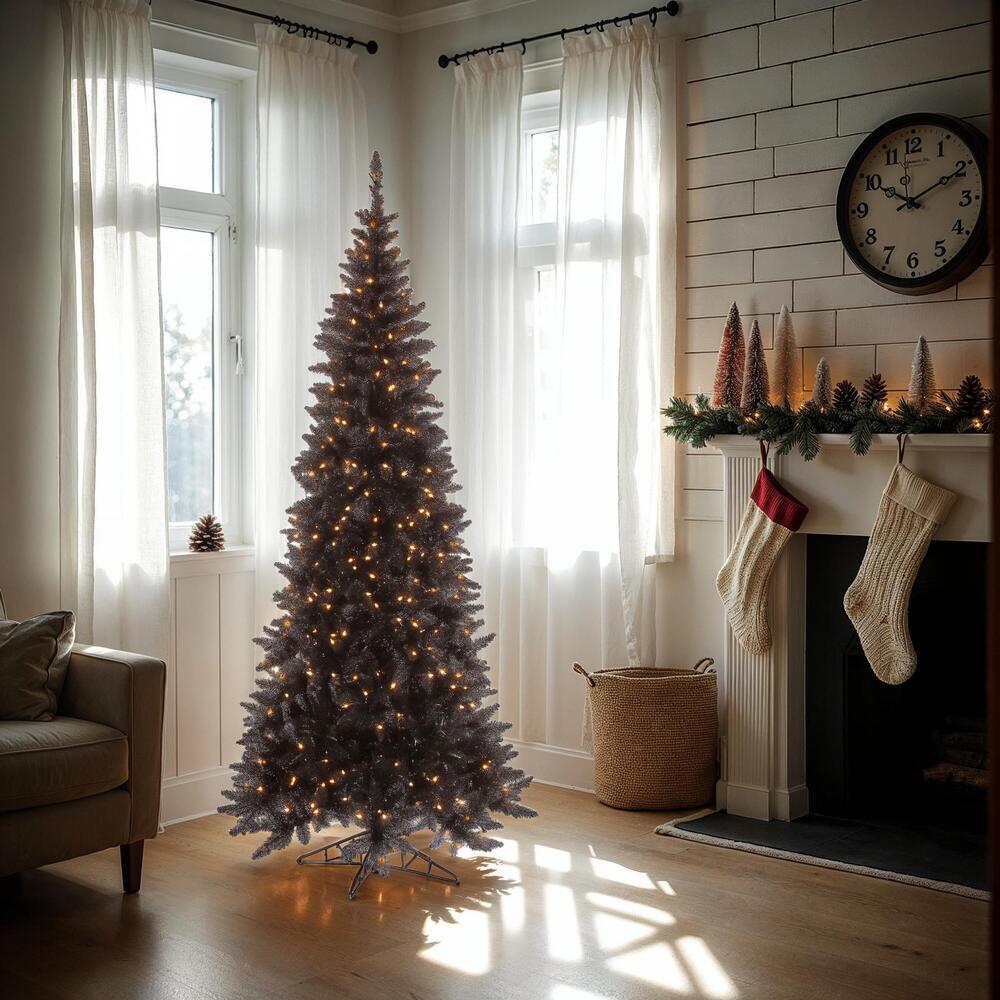 9'Hx46"W Slim Fir Artificial Christmas Tree, LED Pre-Lit -Black - Image 2