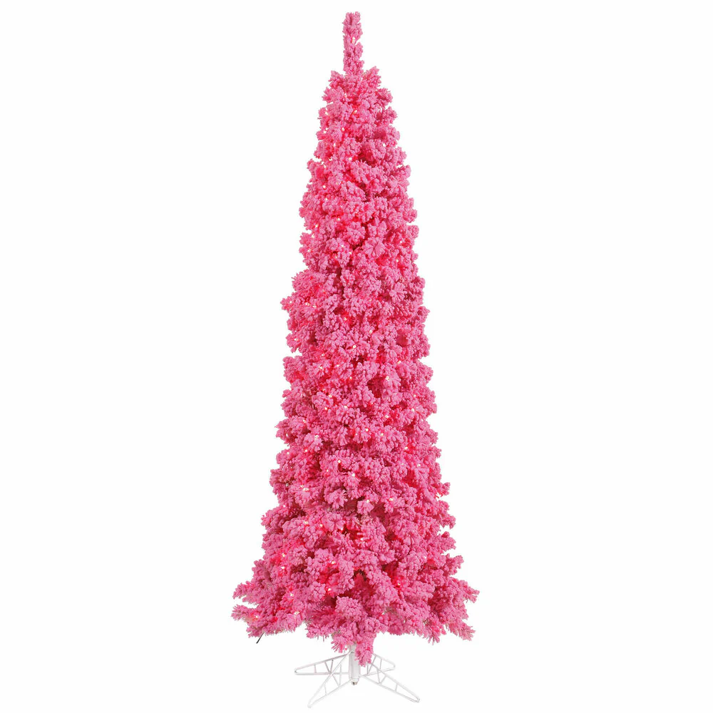 9'Hx48"W Flocked Slim Fir Artificial Christmas Tree, LED Pre-Lit (Pink) -Pink