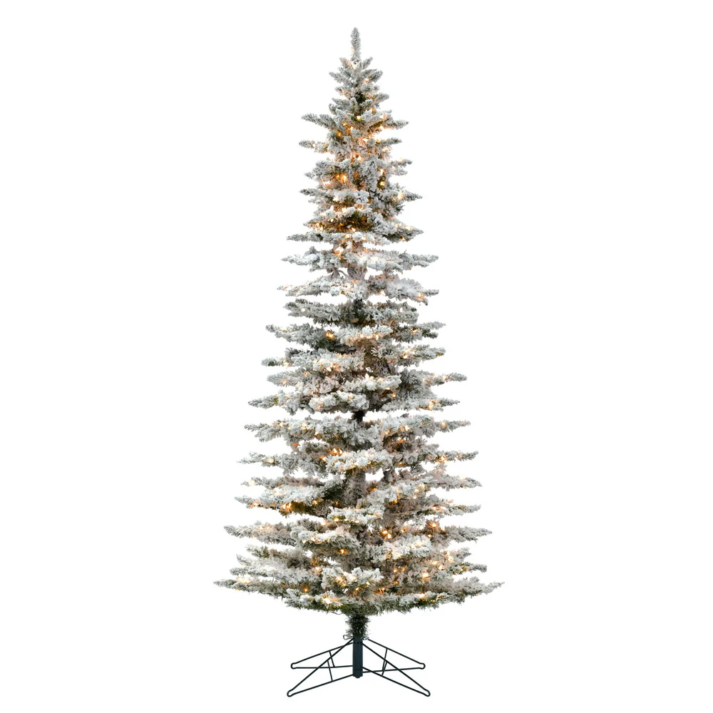 9'Hx49"W Flocked Slim Utica Fir Artificial Christmas Tree, LED Pre-Lit -White/Green