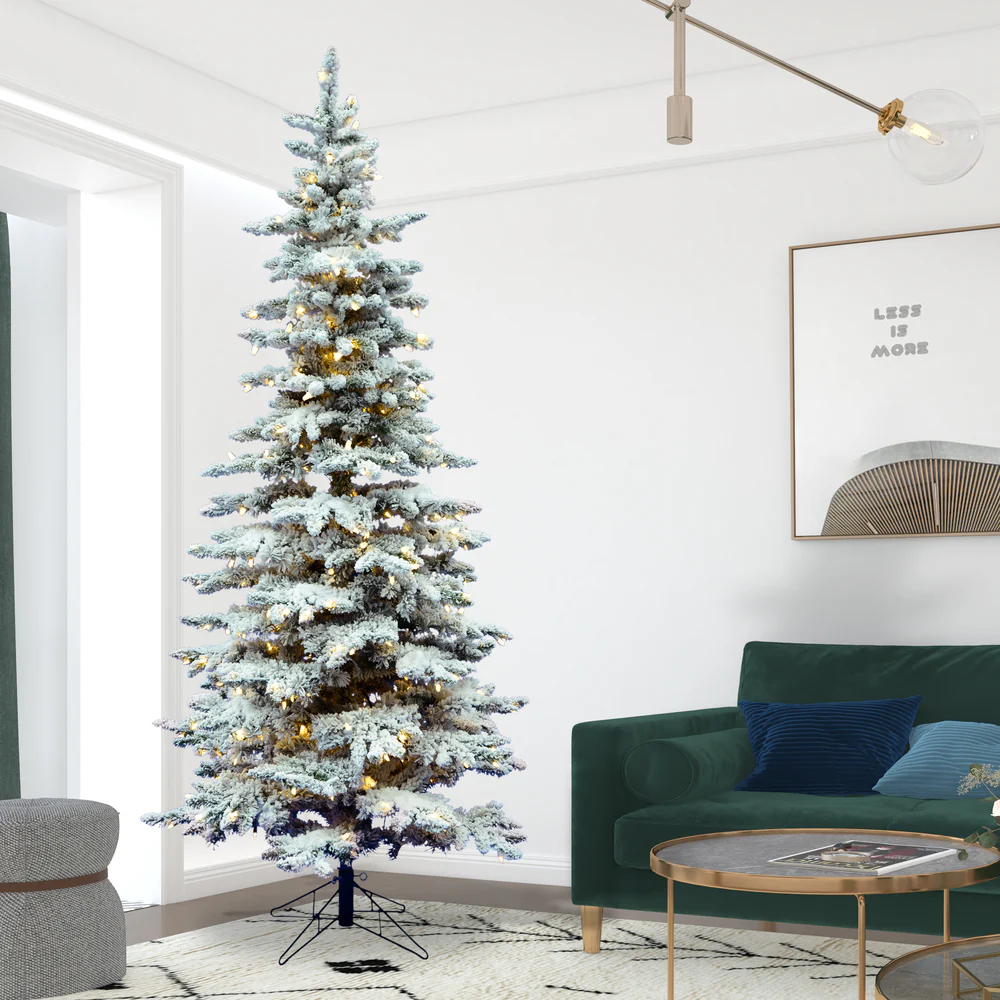 9'Hx49"W Flocked Slim Utica Fir Artificial Christmas Tree, LED Pre-Lit -White/Green - Image 7