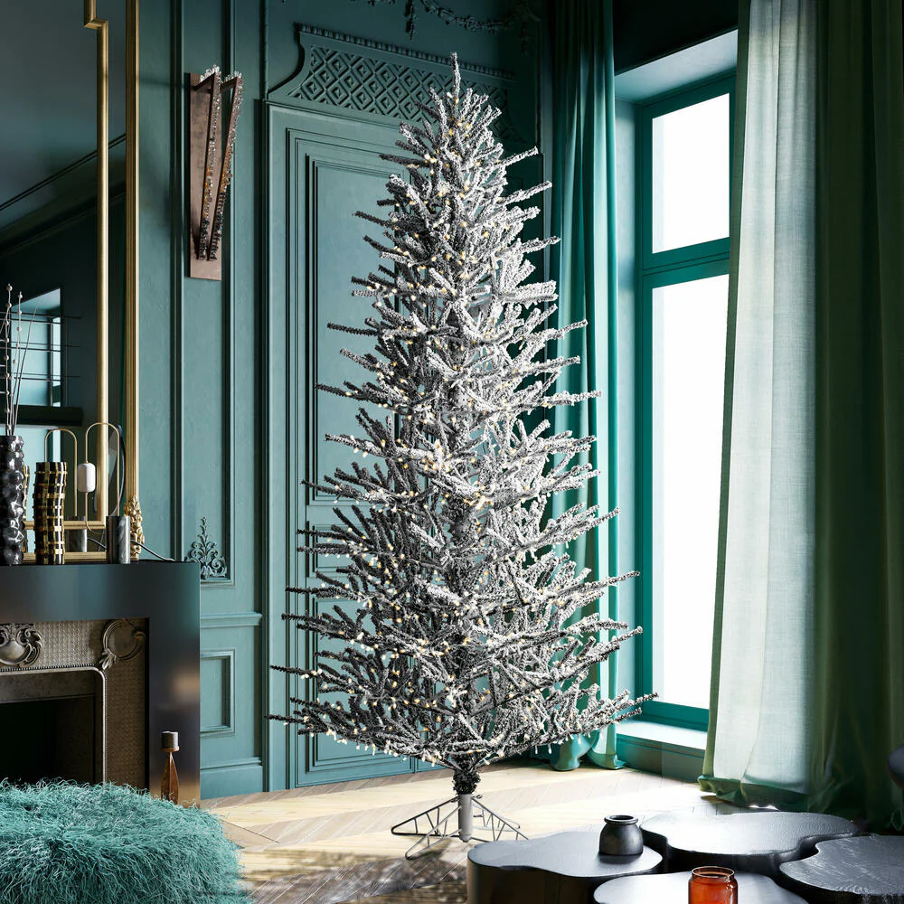 9'Hx53"W Flocked Slim Pistol Pine Artificial Christmas Tree, Micro LED Pre-Lit -White - Image 7