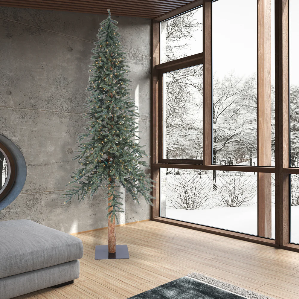 9'Hx56"W Natural Trunk With Bark Alpine Artificial Christmas Tree, LED Pre-Lit -Green - Image 3