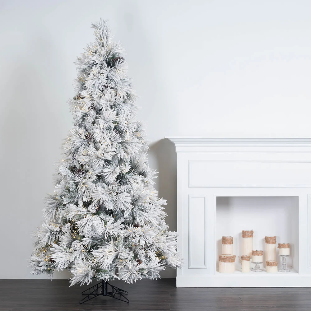 9'Hx59"W Flocked Slim Atka Pine Artificial Christmas Tree, Micro LED Pre-Lit -White - Image 6