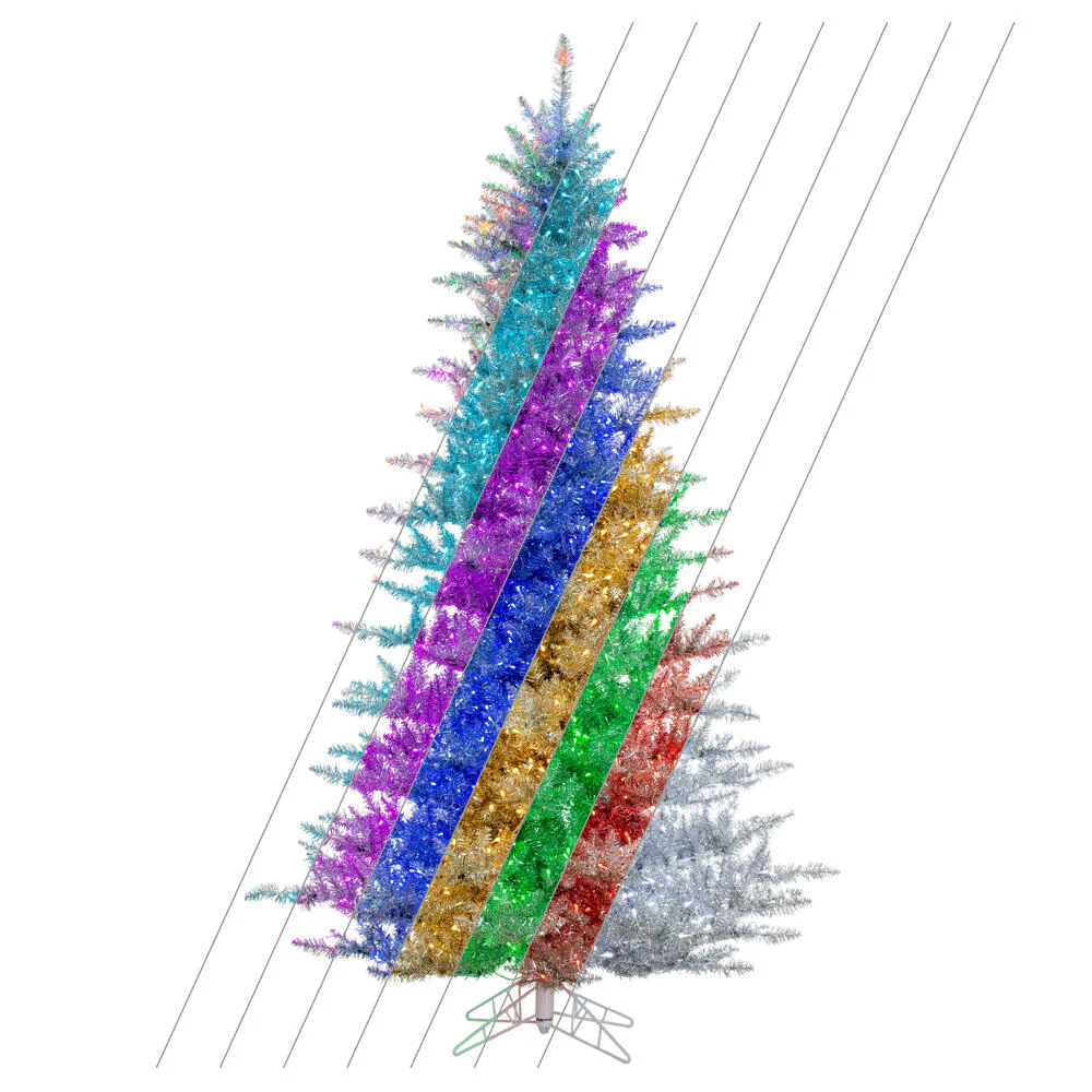 9'Hx62"W Tinsel Artificial Christmas Tree, RGB LED Pre-Lit (Multi-Mode) -Silver